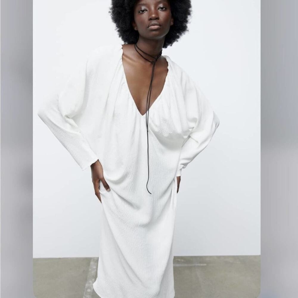 Zara White LONG RUCHED DRESS Size Medium - Picture 8 of 12